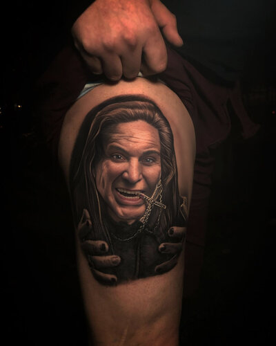 Anahata Ink Tattoo Kuta Bali - Upper Leg Black Grey Portrait Tattoo