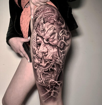 Anahata Ink Tattoo Kuta Bali - Quarter Leg Sleeve Hanya Mask Girl Tattoo
