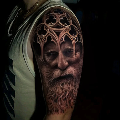 Anahata Ink Tattoo Kuta Bali - Quarter Sleeve Potrait Tattoo Black and Grey