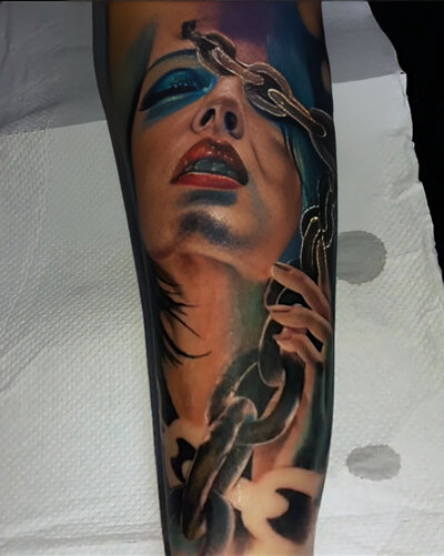 Anahata Ink Tattoo Kuta Bali - Quarter Arm Sleeve Full Color Surealism Chained Girl Tattoo