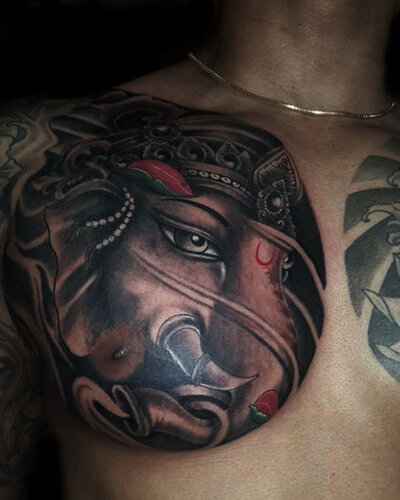 Anahata Ink Tattoo Kuta Bali - Half Chest Lord Ganesh Tattoo