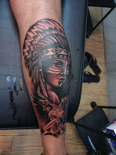 Anahata Ink Tattoo Kuta Bali - Indian Girl Tattoo on Calf